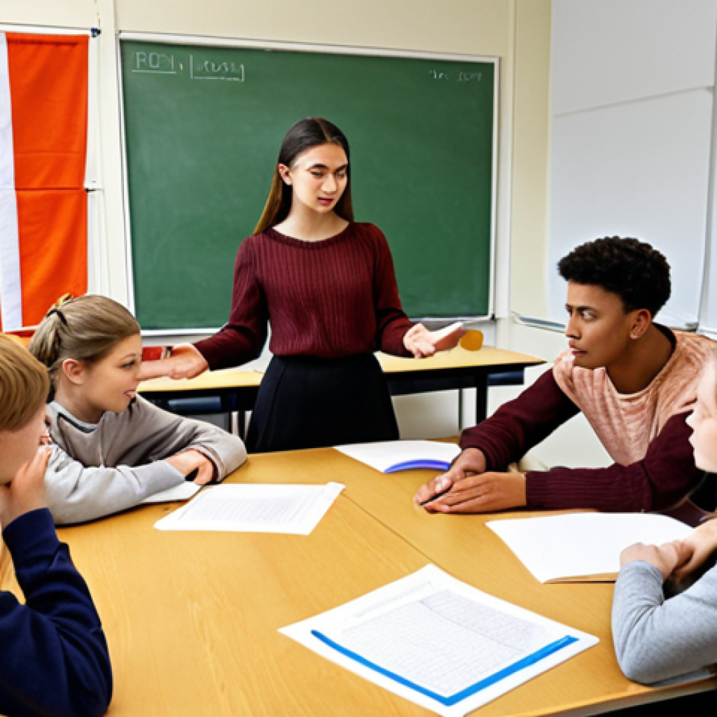 **A diverse classroom in the Netherlands:** Students from various cultural backgrounds engaging in a group project, showcasing collaboration and inclusivity. The teacher is facilitating a discussion, fostering intercultural communication and understanding. Dutch flags and cultural symbols are subtly incorporated.
