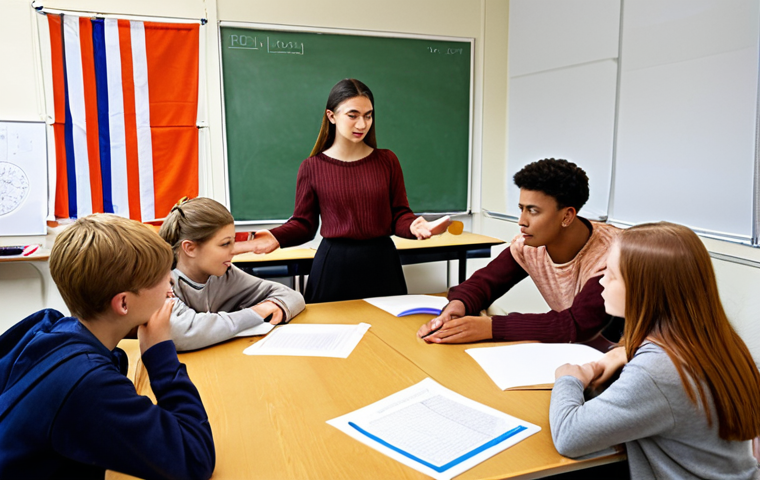 **A diverse classroom in the Netherlands:** Students from various cultural backgrounds engaging in a group project, showcasing collaboration and inclusivity. The teacher is facilitating a discussion, fostering intercultural communication and understanding. Dutch flags and cultural symbols are subtly incorporated.